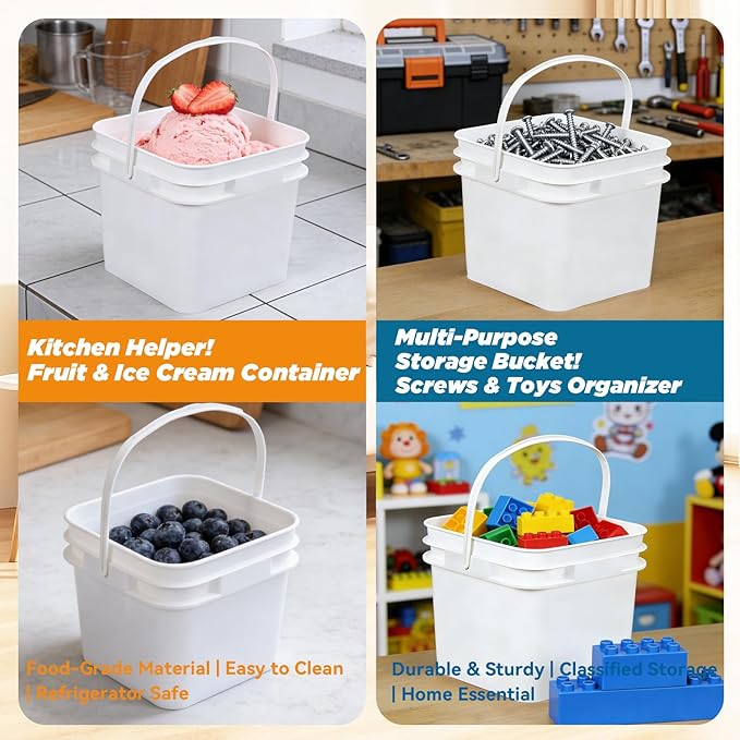 Food Storage Buckets with Lids - 4 Set Square Clear Plastic Containers, Airtight Pressure Seal & Handle for Kitchen Freezer Prep (White, 68 oz)