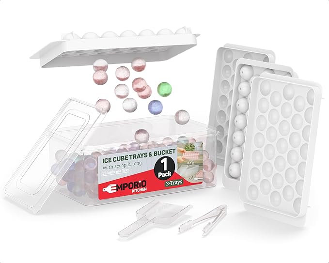 Emporio Kitchen Round Ice Cube Tray Set Pack of 1, BPA-Free Stackable Trays with Lid & Tongs, 33 Ice Balls Per Tray for Whiskey, Drinks, and Cocktails, Quick Release Round Ice Cube Mold, White