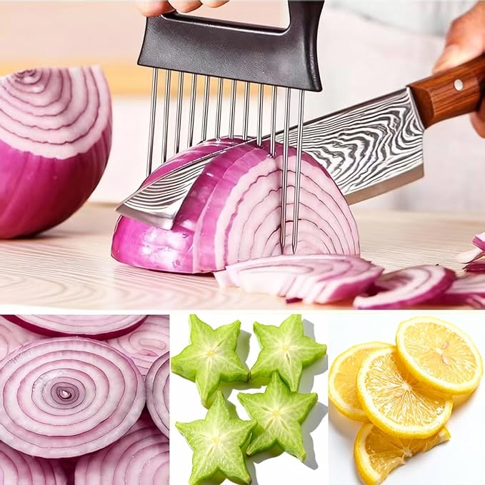 Onion Holder for Slicing - Stainless Steel Vegetable & Fruit Cutter Chopper for Onions,Potatoes, Tomatoes, Avocados, Eggs, Lemon &Meat - Kitchen Slicer Assistant with Neat Guide & Tenderizer.