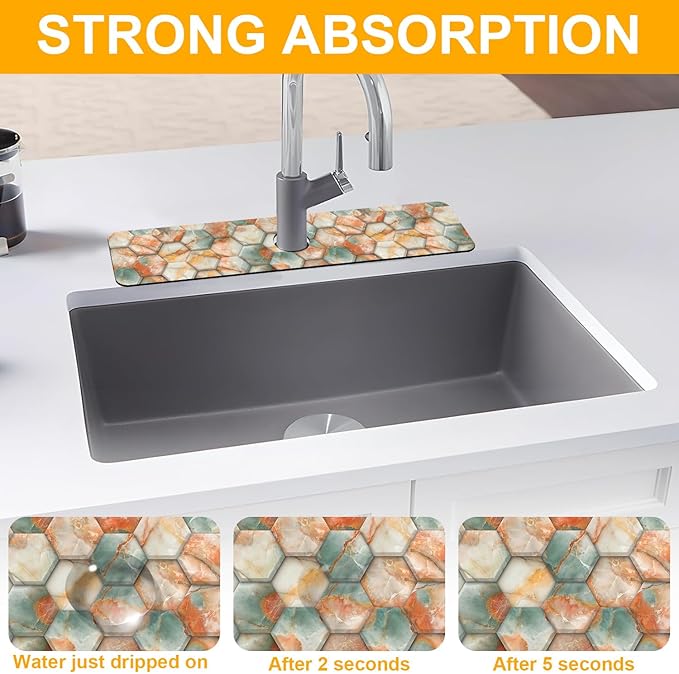 2 Pack Hexagon Marble Sink Splash Guard Faucet Mat Gold Glitter Lines Marble Super Absorbent Fast Drying Mat Sink Gadgets-Splash Guard Behind Faucet Drip Catcher for Kitchen Bathroom, 23.5"x5.5"