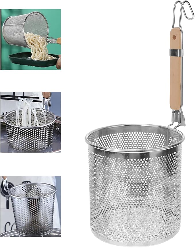 STOBAZA Noodles Strainer Colander Fry Basket Ramen Pasta Basket Stainless Steel Mesh Spider Strainer with Wooden Handle, Fine Mesh Skimmer for Rinsing Straining Boiling Frying
