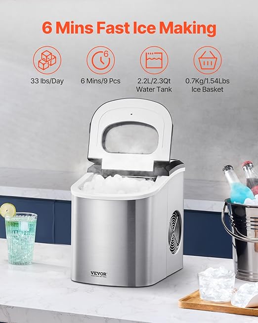 VEVOR Countertop Ice Maker, 9 Cubes Ready in 6 Mins, 33lbs in 24Hrs, Self-Cleaning Portable Ice Maker with Ice Scoop and Basket, Ice Machine with 2 Sizes Bullet Ice for Home Kitchen Office Bar Party