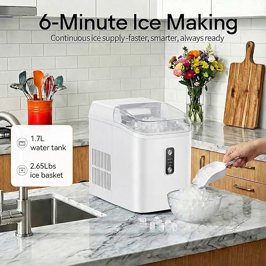 NEWBULIG Nugget Ice Makers Countertop, Portable Nugget Ice Machine, Ready in 6 Mins, 24lbs in 24Hrs, Auto-Cleaning, with Basket and Scoop, for Home, Kitchen, RV, Camping, White