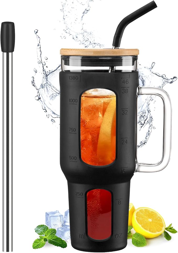 WINSA Glass Tumbler with Lid and Straw, 46 oz Iced Coffee Cup with Handle, Large Water Bottles with Silicone Sleeve, Glass Cup with Straws - Pearl Straw & Drinking Straw BPA Free-Black