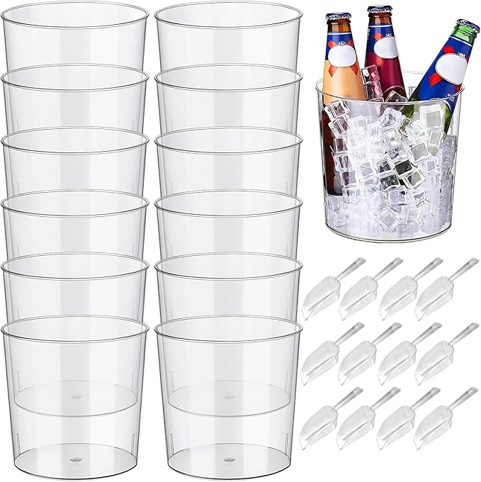 Garvee 6.5 in Clear Plastic Ice Bucket – Multi-Purpose Wine/Champagne/Beer Cooler, Snack Tub, Kettle Corn Bowl, Vase – BPA-Free, Food-Grade, Durable & Stylish (12-Pack with Ice Tongs)