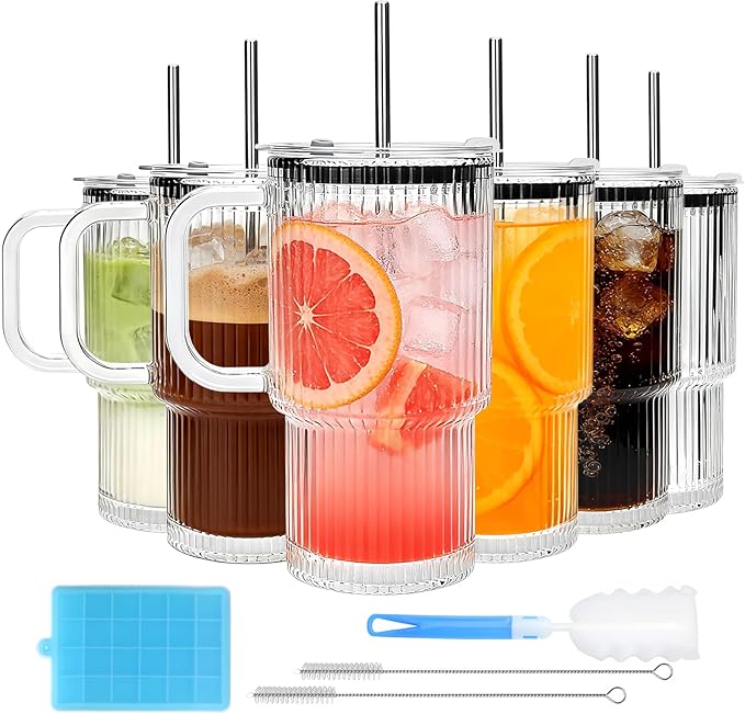 Accguan 6Pack 20oz Ribbed Glass Tumbler with Straw and Lid,Glass Cup with Handle,Reusable lced Coffee Cups with lids-Glass Cups with Lids for Smoothie,Coffee,Juice,Tea,Travel Mug,Cold & Hot Beverages