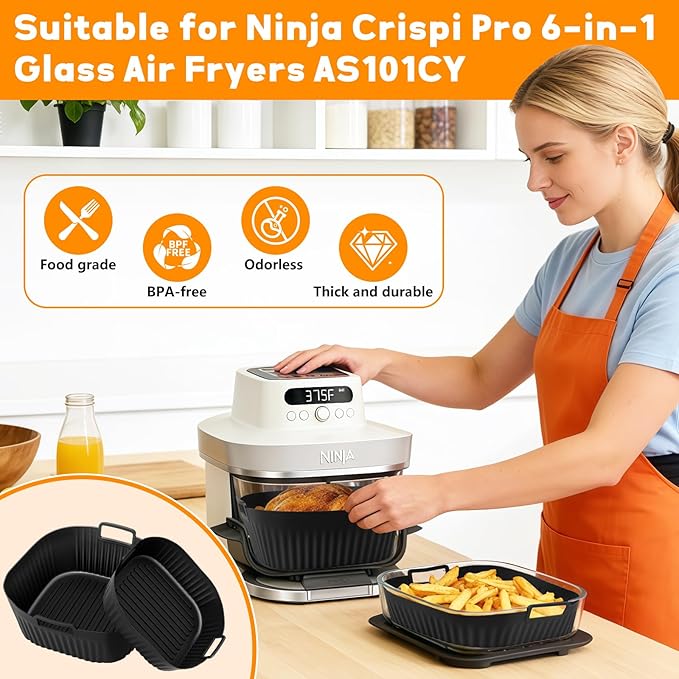 Dreamtop 2 Pack Silicone Air Fryer Liners for Ninja Crispi Pro AS101CY - Reusable Non-Stick Square Silicone Mats for 6 QT & 2.5 QT Glass Container, Air Fryer Baskets Liners, Dishwasher Safe