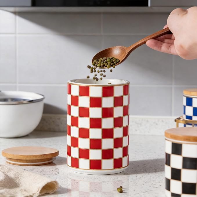 Kitchen Countertop Ceramic Checkered Canisters,Black And White Food Storage Containers With Lid,Airtight Kitchen Canisters for Flour, Sugar, Coffee, Tea, and Dry Goods (Red, Large)