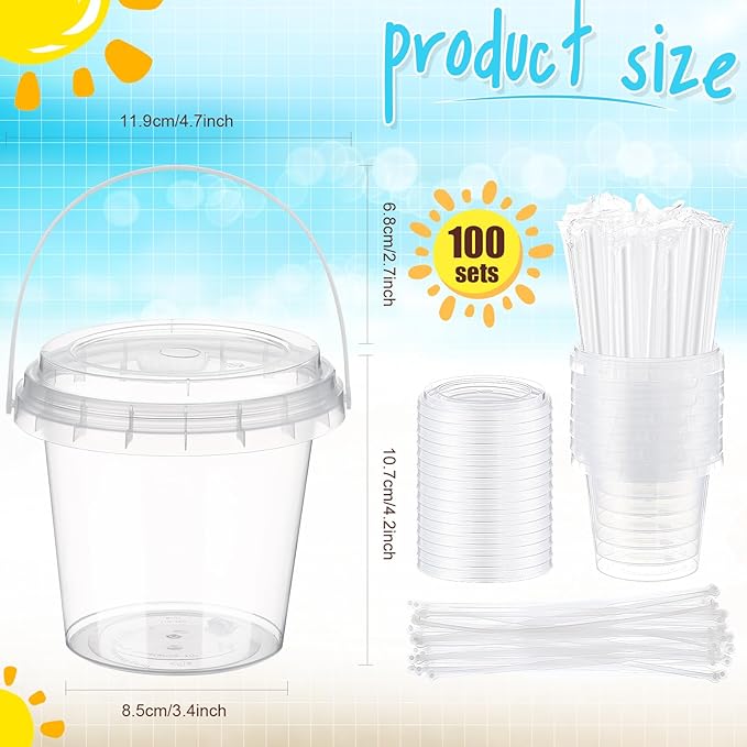 Funnymoom 100 Set 24oz Clear Plastic Drink Buckets with Lids and Straws Disposable Iced Coffee Cups Rum Buckets for Cocktail Parties Smoothie Cup Bulk with Handles for Beach Pool Party Supplies