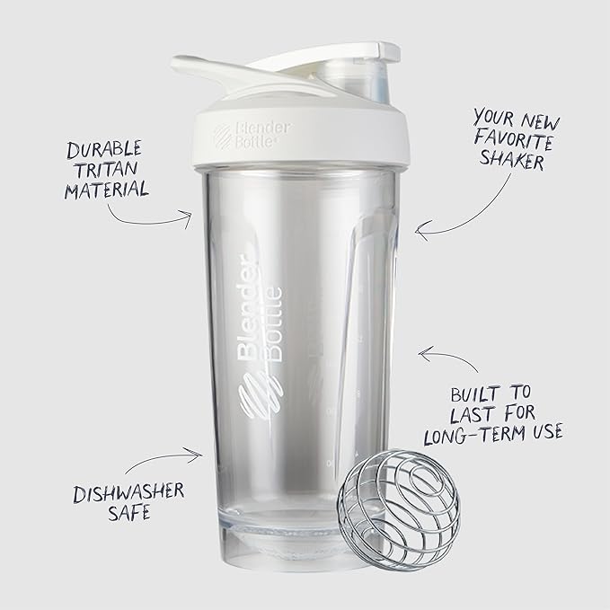 BlenderBottle Sport Shaker Bottle with Wire Whisk, 24-Ounce, White – Protein Shakes & Hydration for Athletes & Fitness Enthusiasts, Easy Mixing, Durable & Lightweight, Lockable Lid
