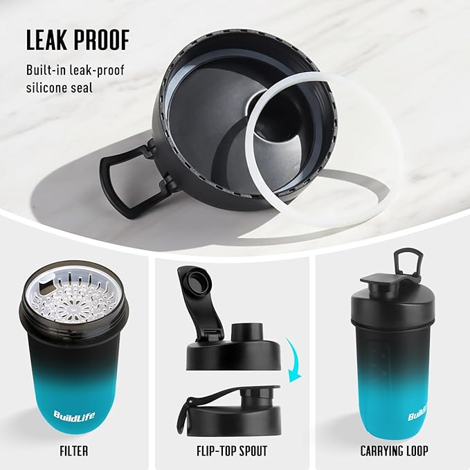 BuildLife Protein Shaker Bottle, 20oz Tritan Shaker Cup with Silent Mixing Grid – Lump Free Shakes 600ML for Pre Workout Protein & Smoothies, BPA-Free Leakproof Dishwasher Safe (BlackBlue)