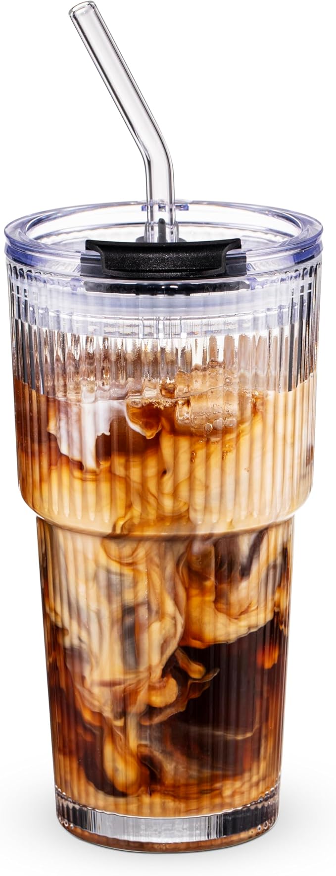 BLUEPOLAR 450ml/15oz Ribbed Glass Tumbler,Thickened Glass Cup with Leak-Proof Lid & Straw, BPA-Free, Suitable for Coffee, Matcha, Juice - Fits Car Cup Holder, Office & Travel Use (Clear)