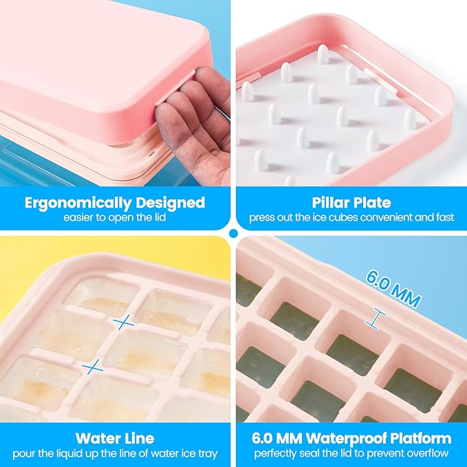 Ice Cube Tray with Lid and Bin, 28 pcs Ice Cubes Molds, Ice Trays for Freezer, Ice Cube Tray Mold, with 1 tray, Ice Freezer Container, Spill-Resistant Removable Lid & Ice Scoop, for Whiskey,Cocktail