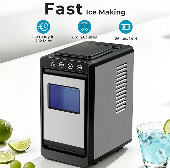 Antarctic Star Countertop Ice Maker Machine - 26.5lbs/24H, 8 Bullet Ice in 6 Mins, Self-Cleaning Portable Ice Maker with 2 Ice Sizes, Touch Display & Blue Light for Home, Office, Bar,Steel