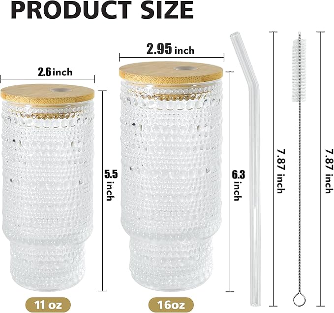 2 Pcs 16 oz Glass Cup with Lids and Straws Brush Hobnail Vintage Glasswar for Juice Iced Coffee Soda Cocktail Whiskey(Hobnail*2)