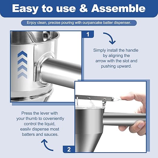 Pancake Batter Dispenser,40oz Stainless Steel Funnel Cake Dispenser,with Lids,Stand,4 Silicone Nozzles,Brush,Egg Beater,Easy Control Batter Dispenser for Pancakes,Cupcakes, Funnel Cakes,Muffins & More