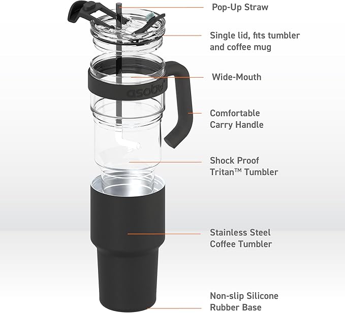 asobu Extra Large Travel Explorer Tumbler for Hot and Cold with Stainless Steel Removable Coffee Mug Sleeve - Straw and Flip Open Sip Spout, 34 oz / 25 oz (Black)