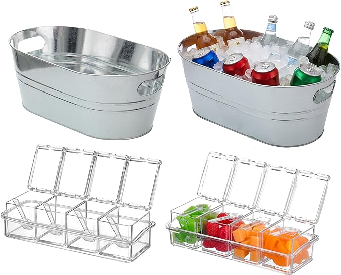 2 Pcs 4 Gallon Galvanized Metal Ice Buckets Large Metal Drink Bucket 2 Pcs Condiment Caddy Clear 4 Compartment with Lid and Spoon for Summer Birthday Party Dinner Wedding Mimosa Bar(Silver)