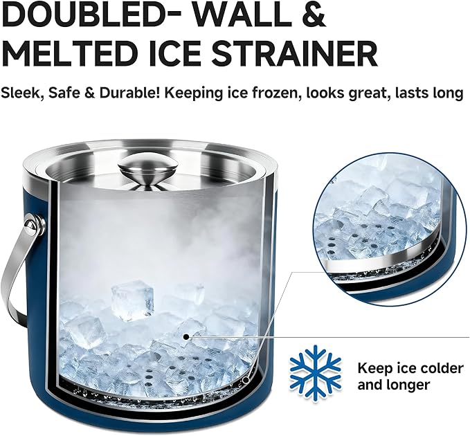3L Double-Wall Insulated Stainless Steel Ice Bucket with scoop for Cocktail Bar - Metal Ice Bucket for freezer with Lid for parties,Camping,and More!champagne bucket,bar cart accessories