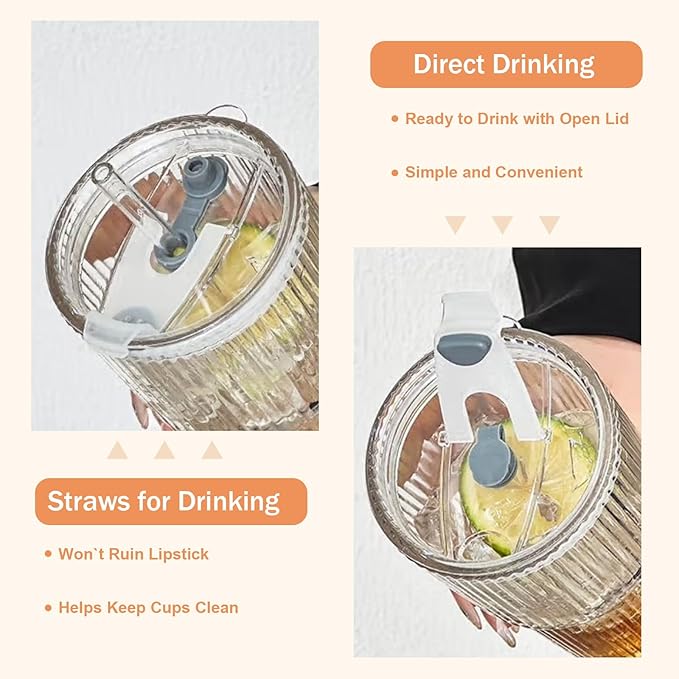 20oz Glass Tumblers with Lids and Straws,2PCS Glass Cups with Lids and Straws,Iced Coffee Cups with Lid,Drinking Glasses for Juice, Smoothies