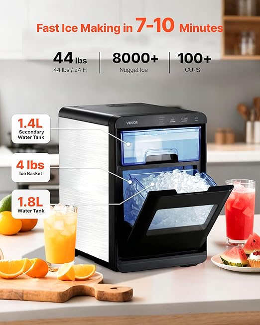 VEVOR Countertop Ice Maker, 44 lbs per Day, Self-Cleaning Portable Machine with Scoop, Drawer-Style Ice Access, Nugget Ice-Making Machine with Chewable ICES for Home, Kitchen, Office, Bar & Party