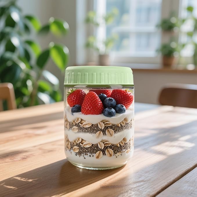 SHOWIN Overnight Oats Containers with Lids, 16oz Glass Jars with Lids 4 pcs, Light Green, Wide Mouth Mason jars for Salad, Yogurt, Snacks, Meal Prep