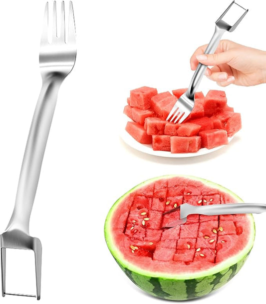 1 PCS Stainless Steel Watermelon Slicer and Fork - 2-in-1 Portable Kitchen Tool for Home Camping and Parties