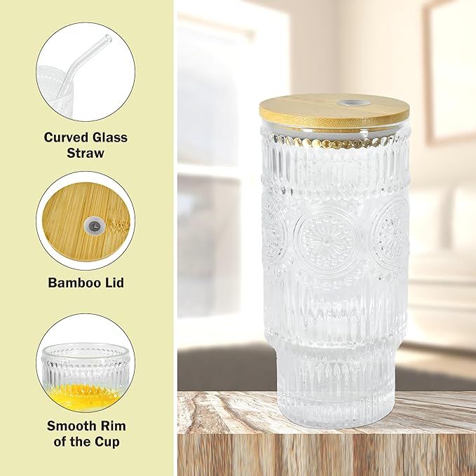 16oz Glasses Cups with Bamboo Lids Straws Brush Vintage Glass Tumbler Set for Mojito Iced Coffee Beer Cocktail Whiskey(Mixed)