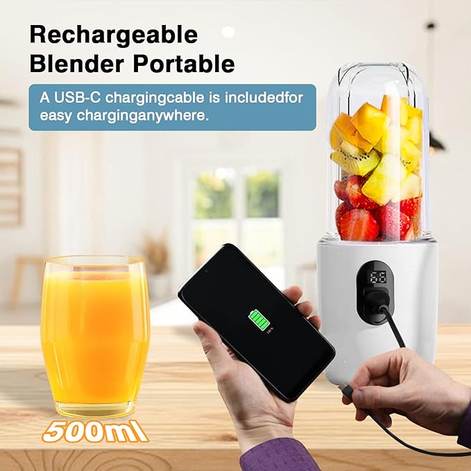 Portable Blender for Shakes and Smoothies, 17oz USB-C Rechargeable Mini Mixer with 16 Blades, LED Power Display, Safety Lock, Lightweight Travel Blender, Perfect for Gym, Office, On-the-Go