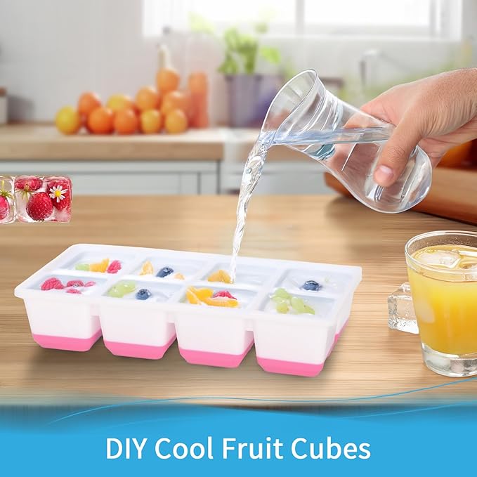 Large Ice Cube Trays with Lid, Jrisbo 2 Pack Stackable Silicone Ice Cube Molds for Freezer, Easy Release 16 Big Square Ice Trays for Whisky Cocktails (Pink)