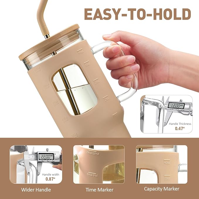 WINSA Glass Tumbler with Straw and Lid, 40 oz glass cup with handle, Glass Water Bottles with Time Marker, Silicone Protective Sleeve-Amber