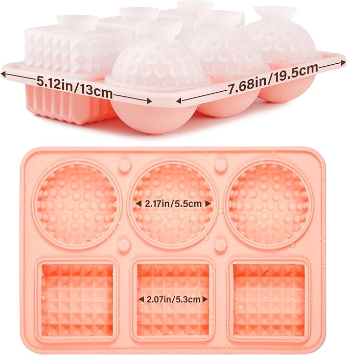 Acomler Ice Cube Molds Tray, 3 Big Crystal Square Cubes & 3 Round Sphere Golf Ice Ball Makers, Large Silicone Whiskey Ice Mold, Fun Shape Ice Trays with Funnel for Whiskey, Cocktails, Bourbon (Pink)