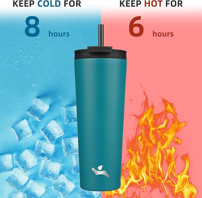 Konokyo 26 OZ Insulated Tumbler with Lid and 2 Straws Stainless Steel Water Bottle Vacuum Travel Mug Coffee Cup,Blue