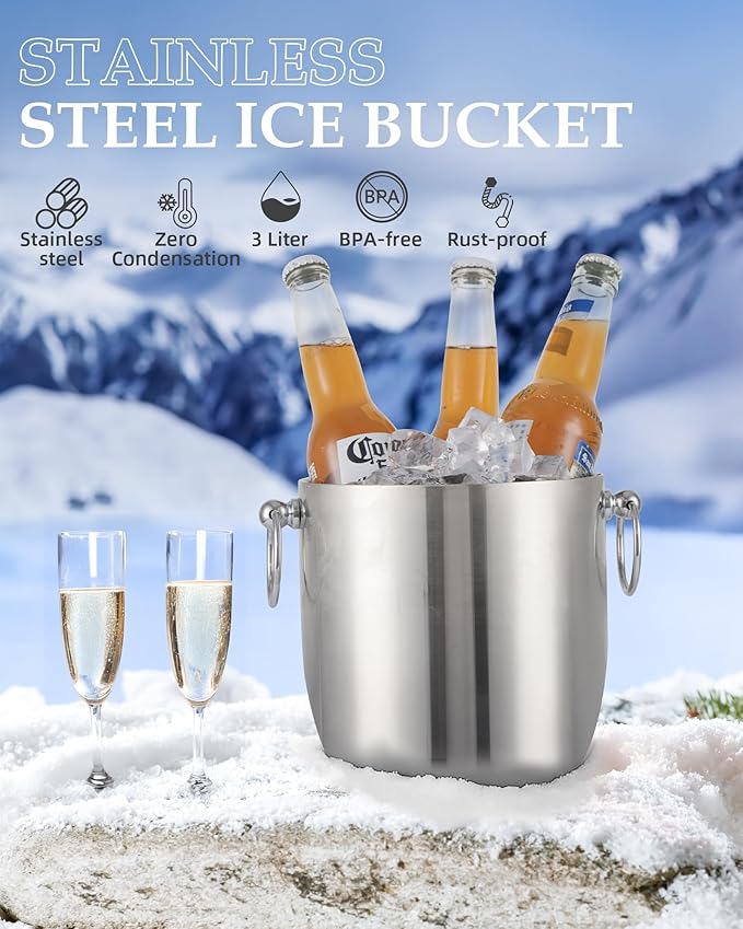 Insulated Ice Bucket, 3L Double Wall Stainless Steel Ice Bucket with Tongs,Lid, Scoop and Strainer, Ice Buckets for Parties,Cocktail Bars, Chilling Beer, Champagne, Wine Bottles