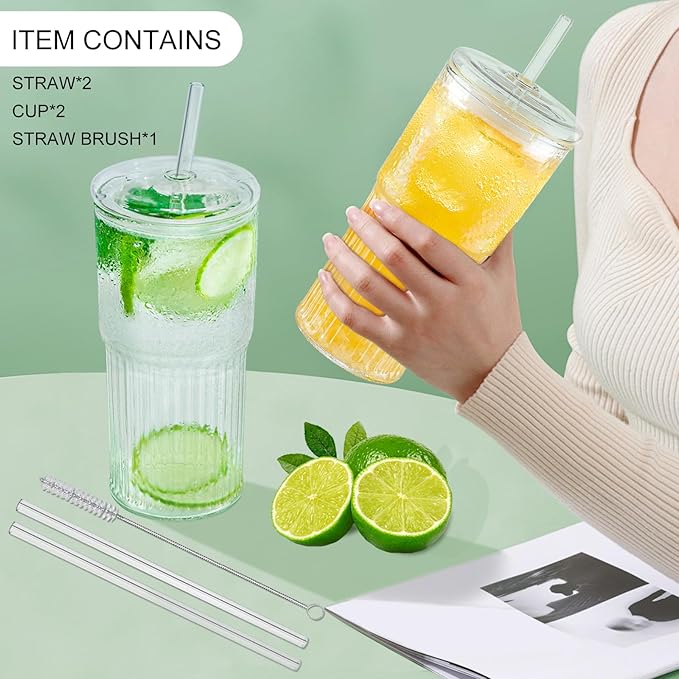 Luiaiog Glass Cups with Lids and Glass Straws, High Borosilicate 20OZ Tumblers (2Pcs) for Coffee, Tea, Juice, Smoothies, Hot/Cold Drinks at Home, Office（Christmas Creative Drink Label Design）