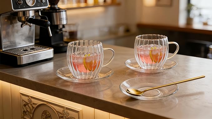 Double Wall Glass Coffee Mugs Set, Teacup with Saucer and Spoon Set of 2 Pack, 8.5oz/260ml for Cappuccino, Latte, Hot and Cold Drinks (Clear - Pumpkin Shaped - 2 Pack)