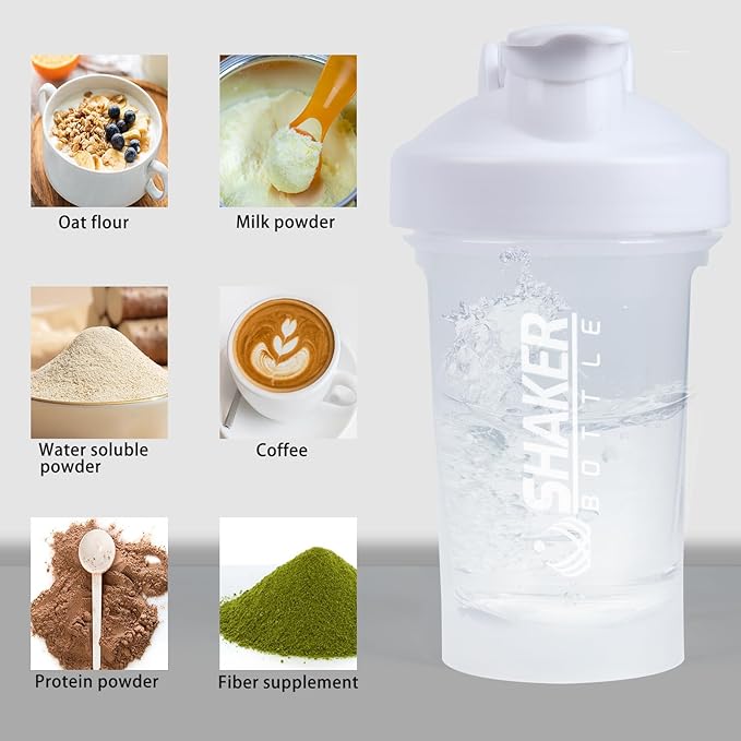 Shaker Bottle,400ml Small Protein Shaker Bottle with Mixing Ball, Portable 14oz GYM Shakes Cup for Workout,BPA free, 100% Leak Proof,Dishwasher Safe（White）