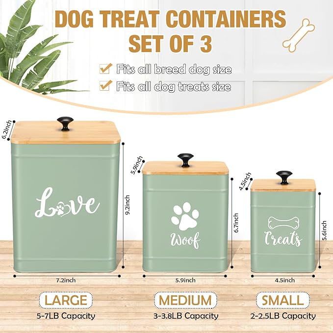 Jingmore Metal Dog Treat Containers Set of 3 with Bamboo Lids and Spoon Airtight 7+3+2 lbs Dog Food Snack Jars with DIY Labels Big Pet Cookie Storage Jar for Kitchen Counter (Sage Green,Cute)