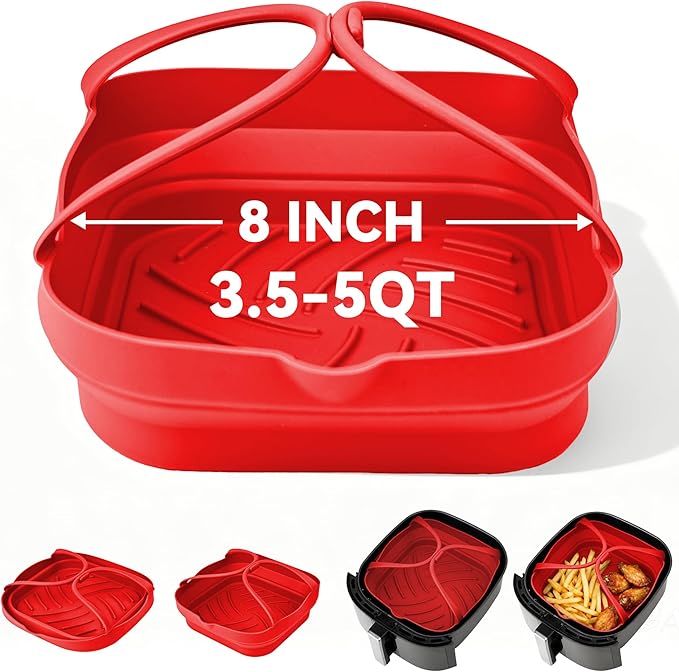 Silicone Air Fryer Liners with Handles: 8.3 Inch Square Reusable Airfryer Basket Liner for 3.5-5 Qt - Baking Tray Insert Cooking Air Fryer Accessories for Cosori Philips Ninja Instant Vortex Red