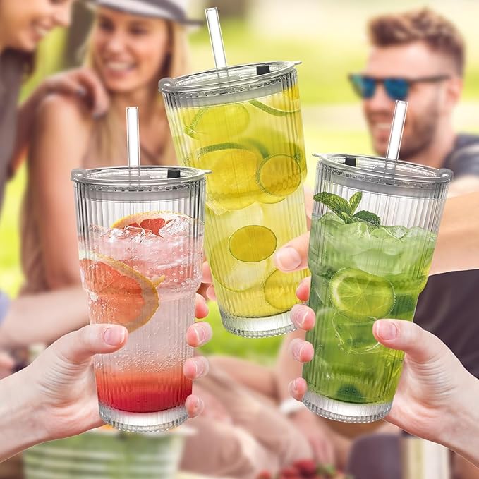 Ribbed Drinking Glasses ,with Lids and Glass Straws Glass Cup,19oz Glass cup,6 Pack Old Fashioned Glasses,Thickened glass for iced coffees,cocktails and juices, perfect for families and parties (2)