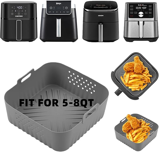 LYHOLKEER Silicone Air Fryer Basket Liners, 1 PCS Square, Reusable for Ninja 5 QT, 5 QT MAX, 6.5 QT XL, 6.5 QT MAX, COSORI 6-Qt, Chefman - 6 QT, Sweetcrispy 6QT, Gourmia 6Qt, OLIXIS 6 Quart Air Fryers