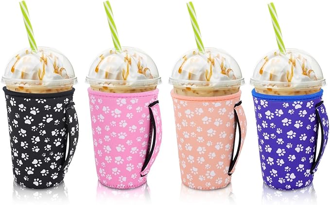 4Pack Reusable Iced Coffee Sleeve Insulator Sleeves for Cold Drinks Beverages, Neoprene Cup Holder for Most Coffee, Fits 22-24oz Medium Cups (Paw with handle)