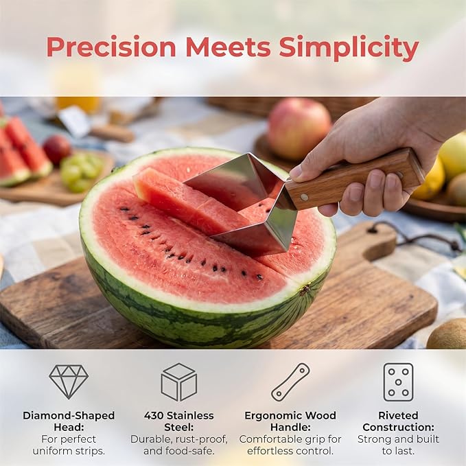 Premium Watermelon Cutter, Stainless Steel Watermelon Cutter Slicer Tool with Wooden Handle, Comfortable Non-slip Handle Multi-Functional Fruit Tool for Watermelon, Cantaloupe & Honeydew (2pcs)