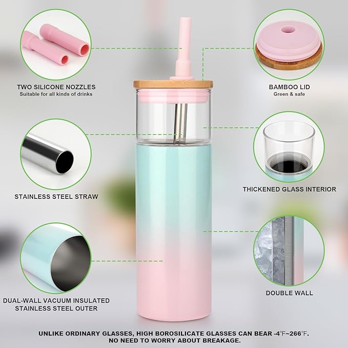 Tronco 20 oz Vacuum Insulated Glass Tumbler with Lid and Straw - Keeps Drinks Cold for 12 Hrs - Reusable Glass Cup for Iced Coffee, Smoothies & Boba - Sweat & BPA Free, Dishwasher Safe, Fit Car Holder