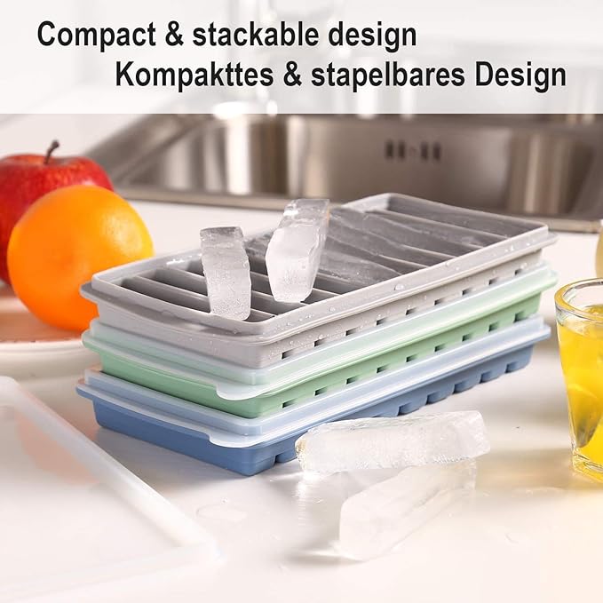 LessMo 2 PCS Ice Cube Tray, Long Ice Stick Tray Silicone with Lid, Rectangular Narrow Stick, Reusable, Flexible, Easy Release, for Small Mouth Sport Bottles, Juice Bottles, Cocktail Parties, Gray