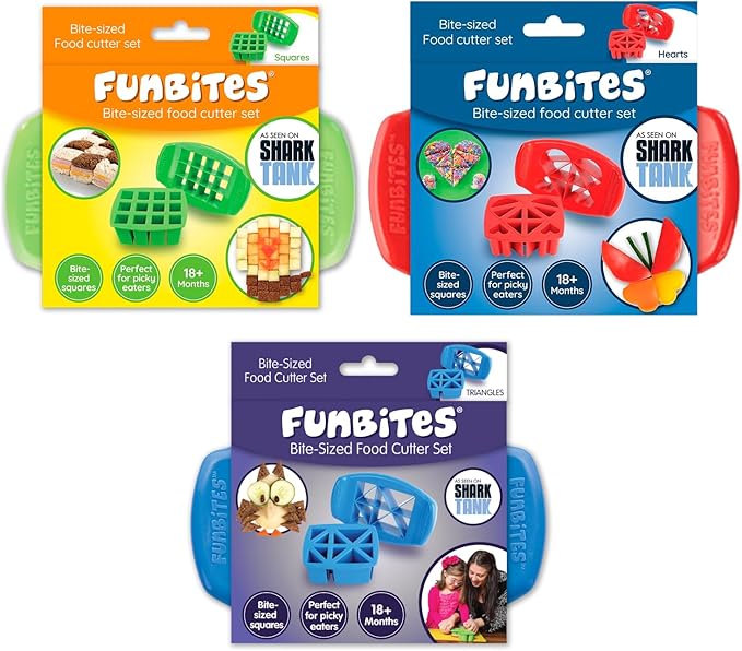 FUNBITES Crustless Sandwich Cutter for Kids Lunch, Uncrustable Sandwich Cutter (6-piece set), Bite-Size Food Cutter for Toddlers, Bento Box Accessories, Dishwasher Safe, Squares/Hearts/Triangles 3pk