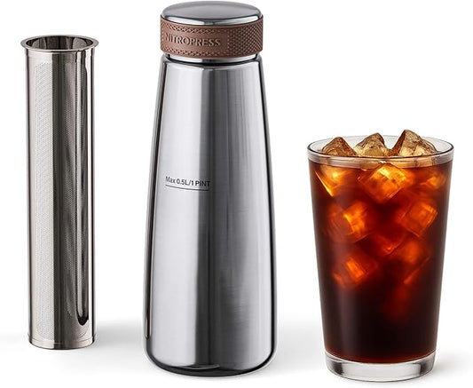 NitroPress Cold Brew Coffee Maker – Stainless Steel Home Brew Kit for Coffee and Tea with 200 Micron Filter Basket and Storage Cap - Perfect for Cold Brew at Home - Gift for Coffee Lovers