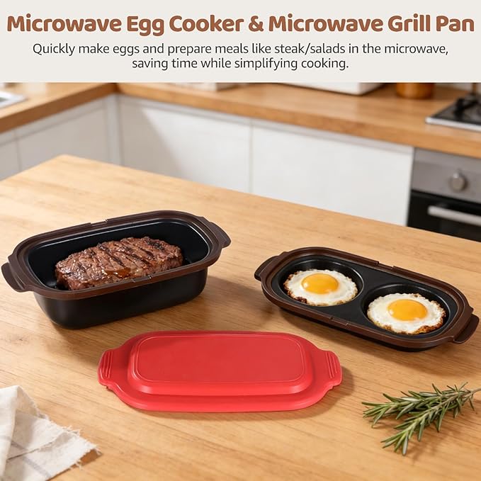 3-in-1 Microwave Egg Cooker and Microwave Grill Pan Set with Lid, Non-Stick Double Cavity Omelet Cooker, Multi-Use Cookware for Quick Steak, Meat, Pizza, Veggies
