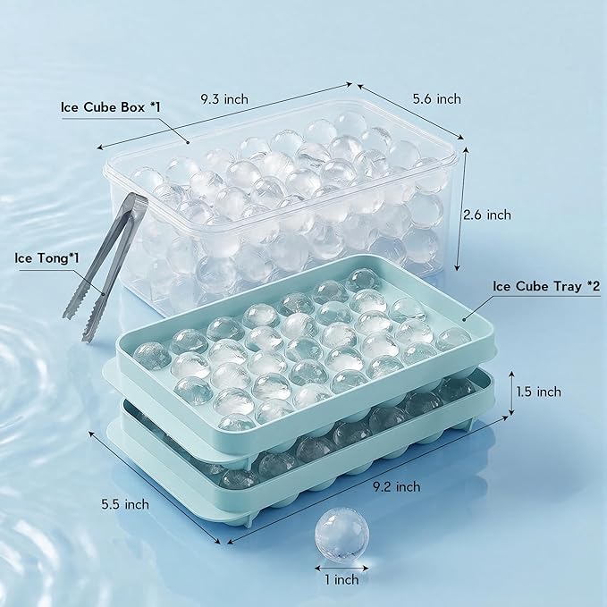 WIBIMEN Ice Cube Tray with Lid and Bin - Round Ice Trays for Freezer with Lid - Ice Cube Trays for Freezer with Ice Container (1"-2PACK Blue)