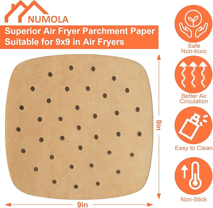 Numola 100 Pcs Air Fryer Liners Disposable Parchment Paper, 9 Inch Perforated Airfryer Sheets for Baking, Square Unbleached Non-Stick Steamer Liner for Oven, Microwave, Steaming Basket